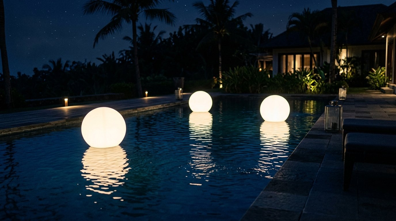 Round white lanterns glowing on the surface of a pool at night under a starry sky.