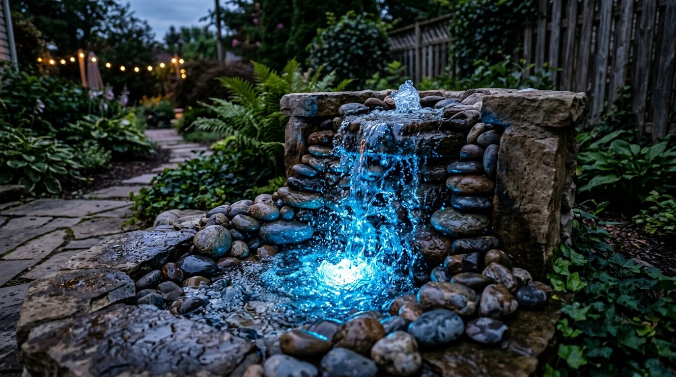 Cascading water falls over stacked river rocks into a basin lit by a bright blue submerged light in a garden.
