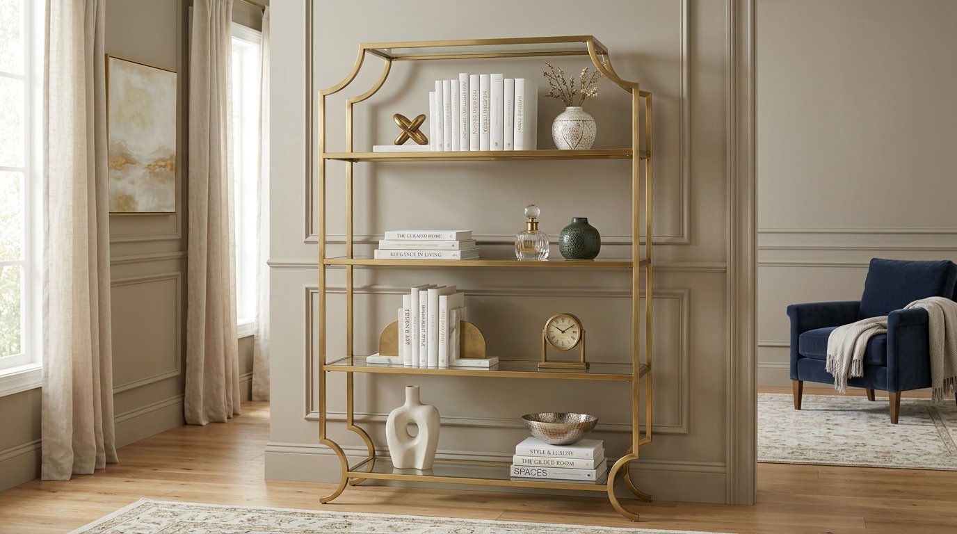 A decorative gold shelf with four glass levels styled with books, vases, and an analog clock in a neutral living room.