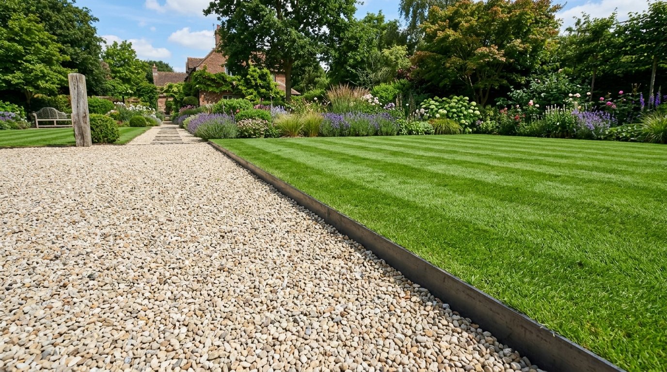 Close up of a metal landscape edge separating a striped green grass lawn from a beige gravel pathway in a lush garden.