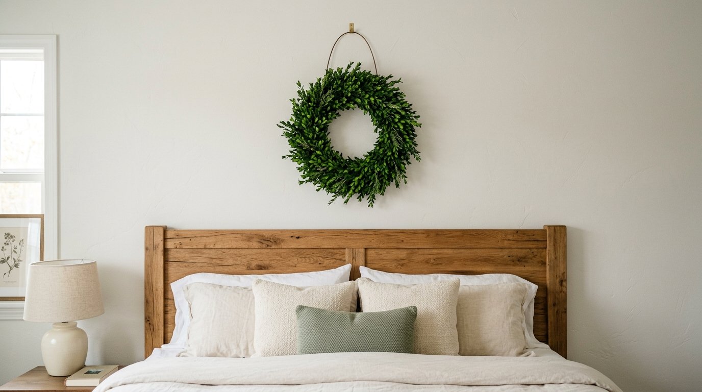 Round green wreath centered on a white bedroom wall over a natural wood headboard and layered throw pillows.