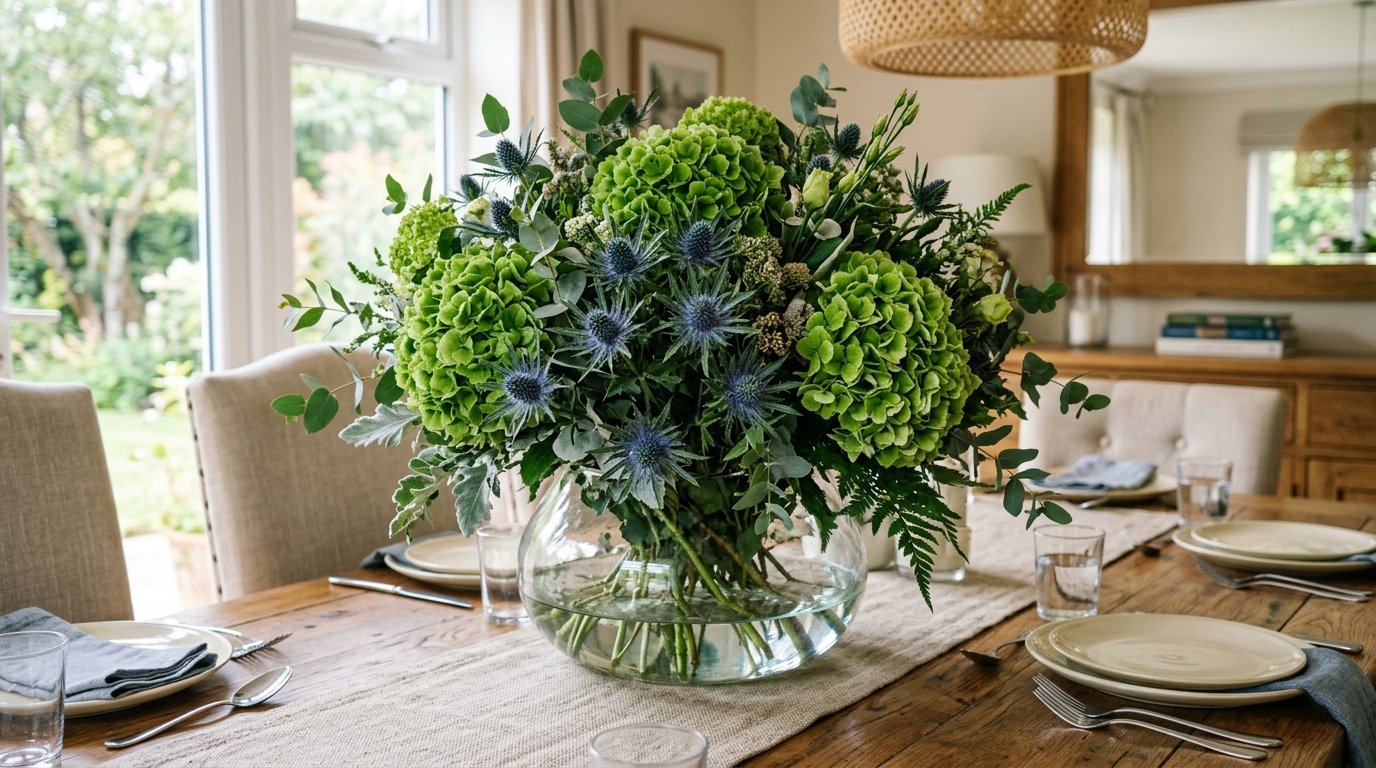 A round glass vase filled with green hydrangea blooms and blue sea holly sits on a rustic wooden dining table.