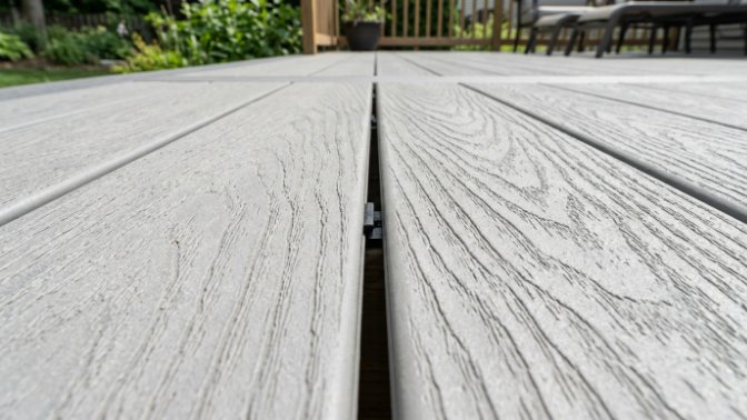 Close up of outdoor patio flooring featuring light grey planks with wood grain texture and black hidden fasteners.