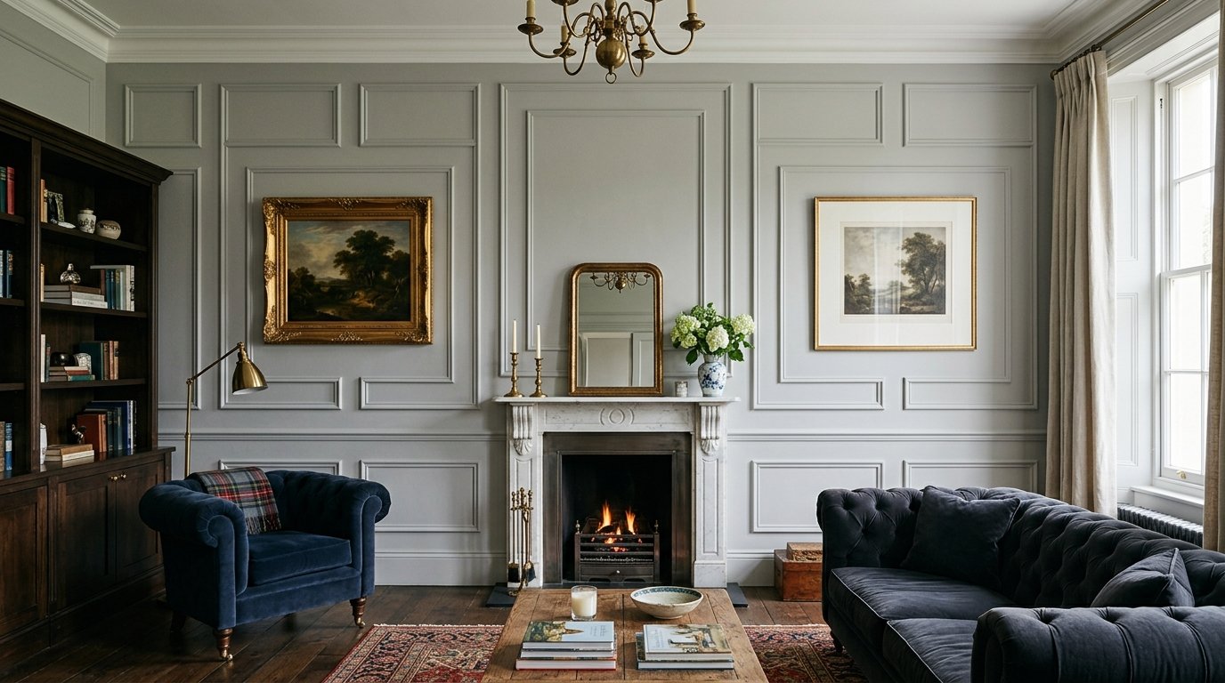Traditional sitting room featuring a fireplace, navy armchairs, and framed landscape paintings on light grey walls.