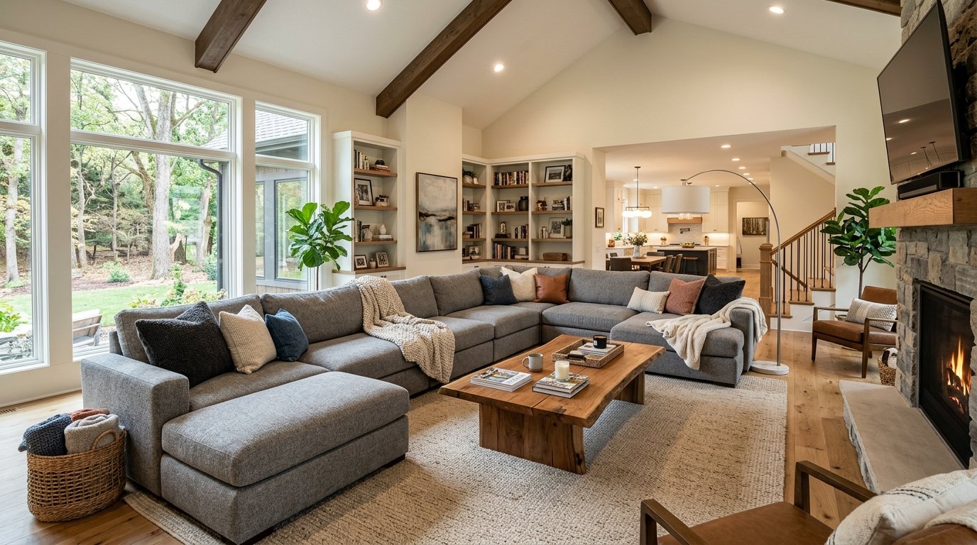 Spacious living room with a large grey sectional, wooden coffee table, stone fireplace, and view of backyard trees.