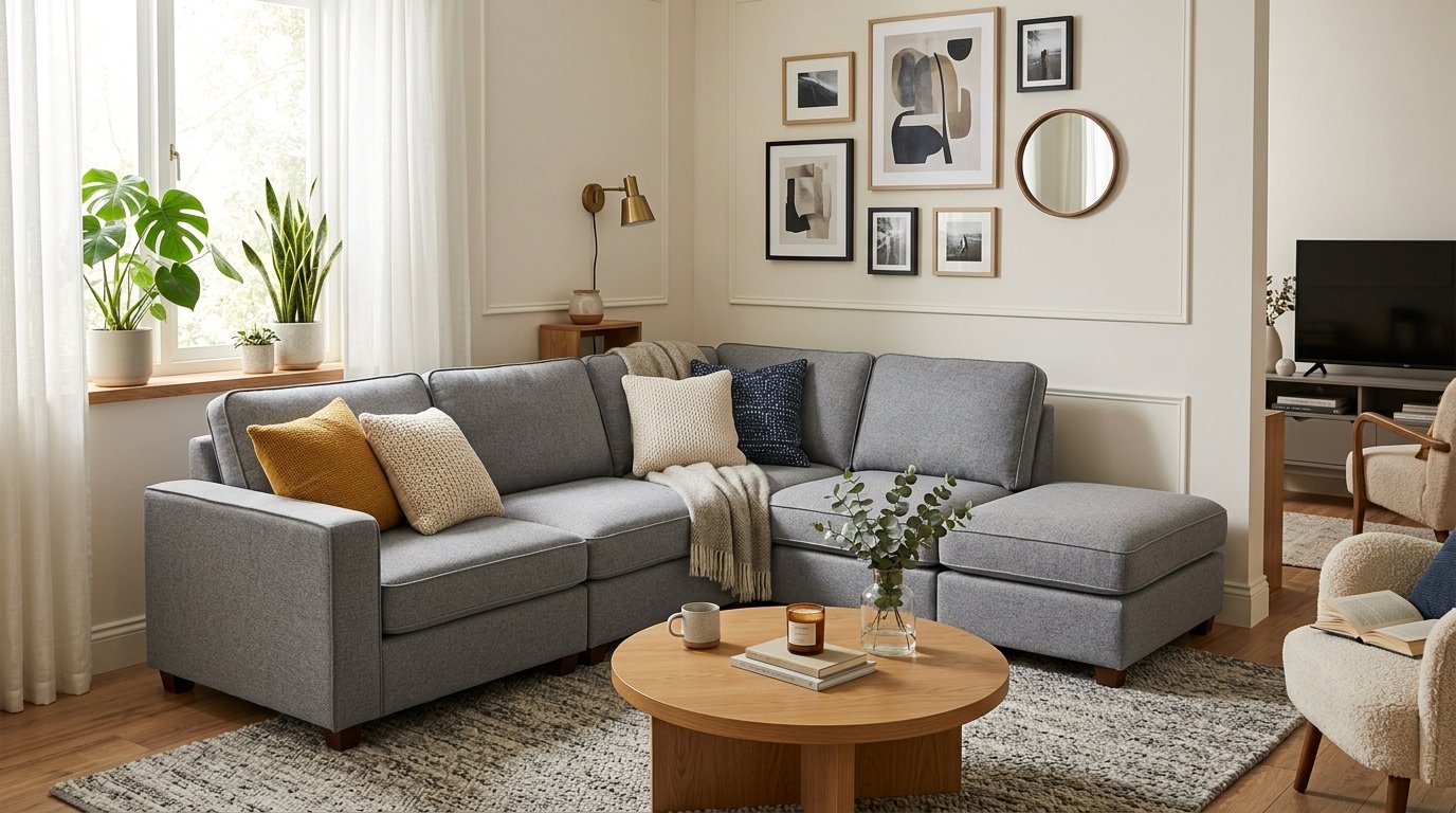 Grey modular sectional couch with decorative pillows in a bright room featuring a round wooden coffee table and wall art.