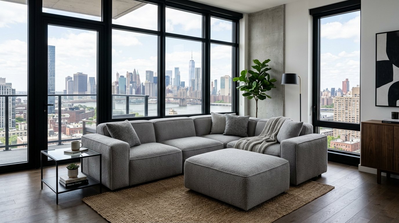 Contemporary corner sofa with matching ottoman on a jute rug in a high-rise apartment with panoramic city views.
