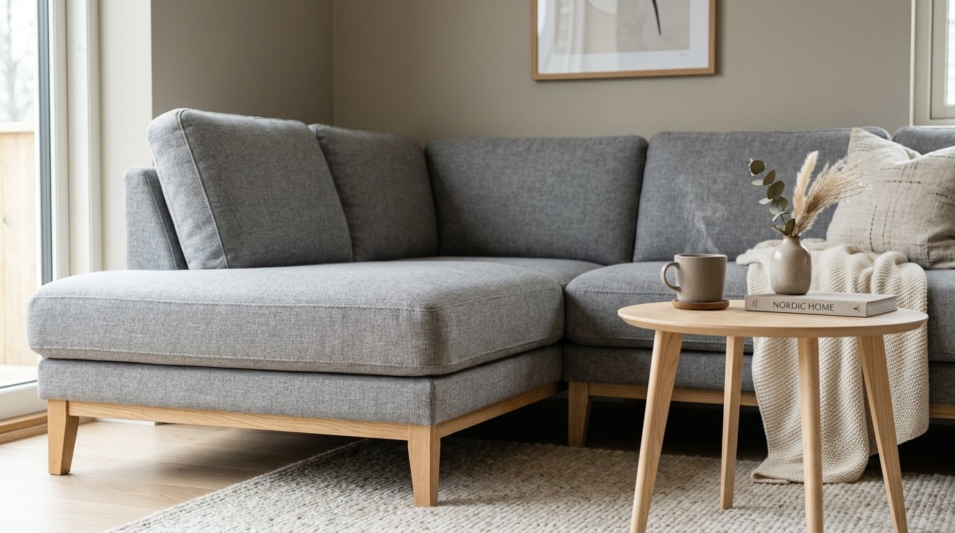 L-shaped grey fabric sofa with a round wooden coffee table, steaming mug, and a decorative throw blanket.