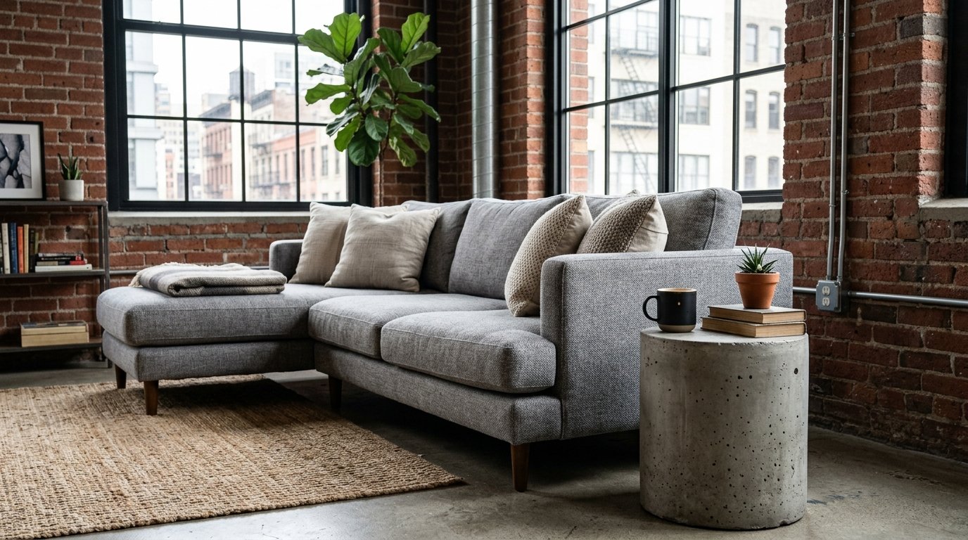 Modern grey fabric sectional sofa placed on a jute rug in front of large windows with exposed brick walls.