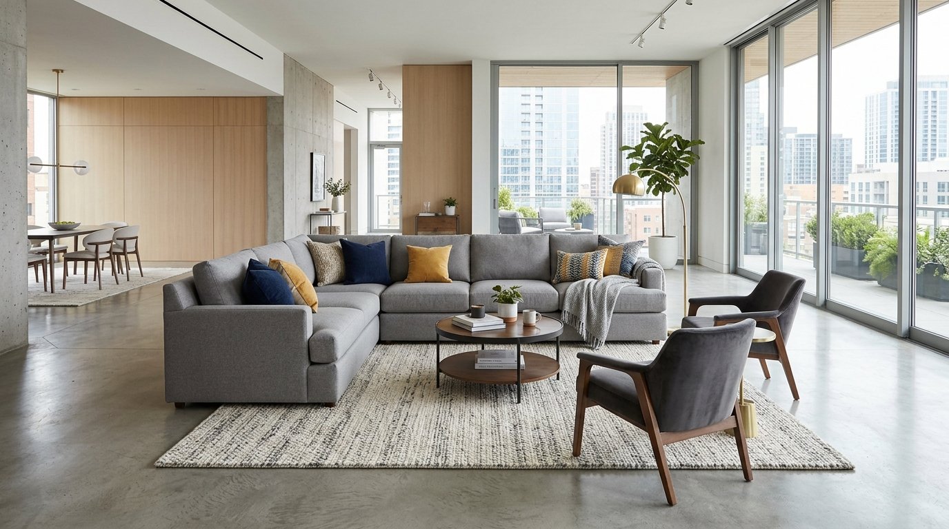 Modern interior living space with a large grey sectional, textured rug, and two dark velvet armchairs.