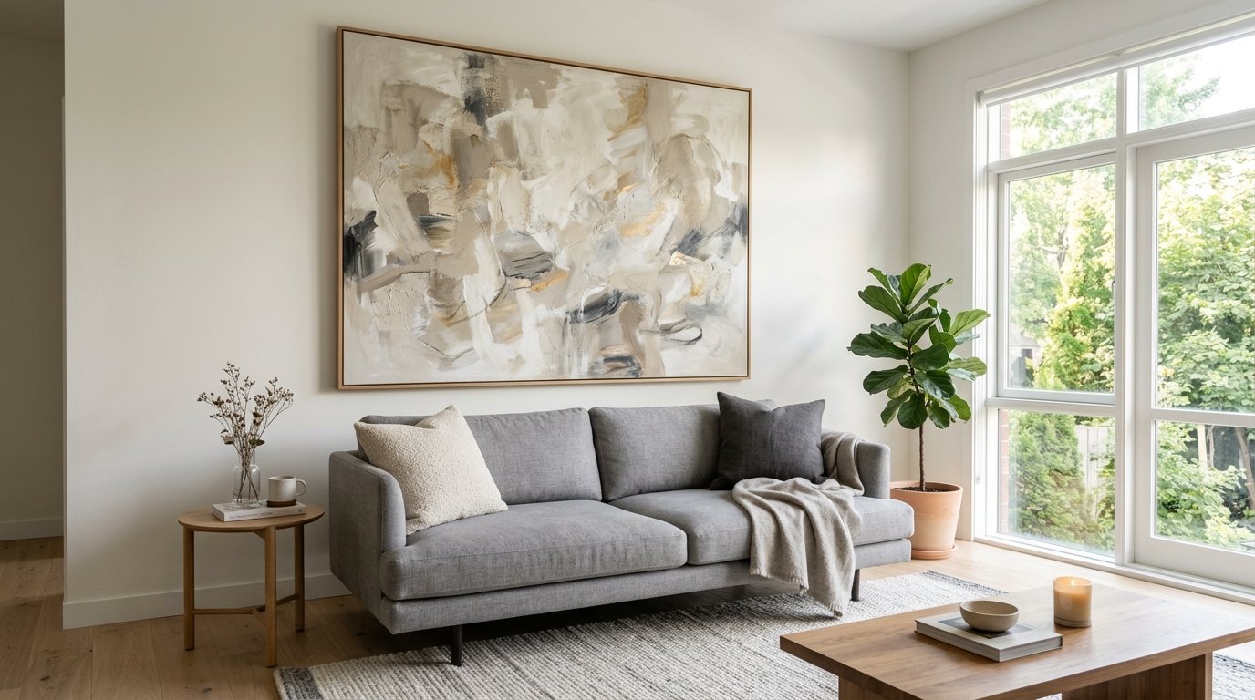 Modern living room featuring a grey couch, textured rug, fiddle leaf fig plant, and large neutral abstract painting.