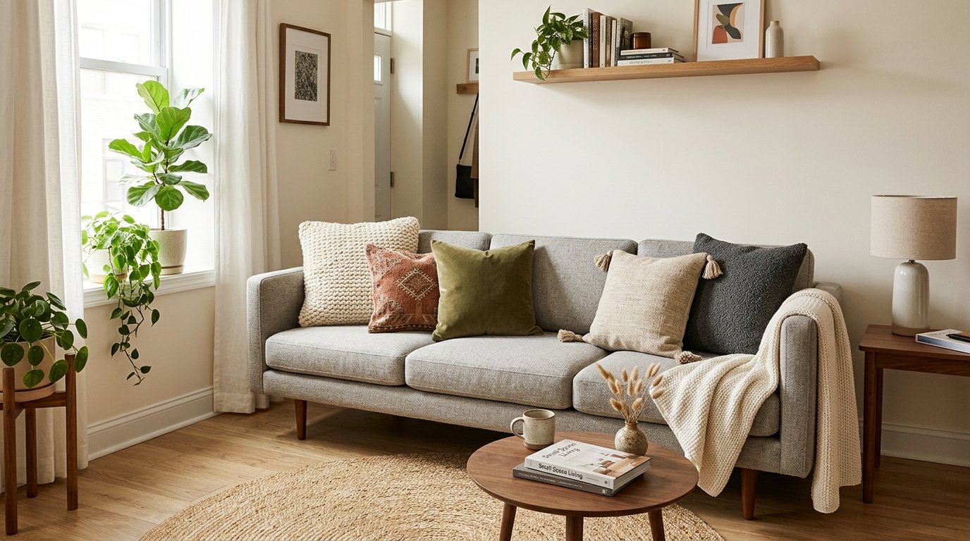 Modern grey couch featuring assorted throw pillows and a knitted blanket in a bright living room.