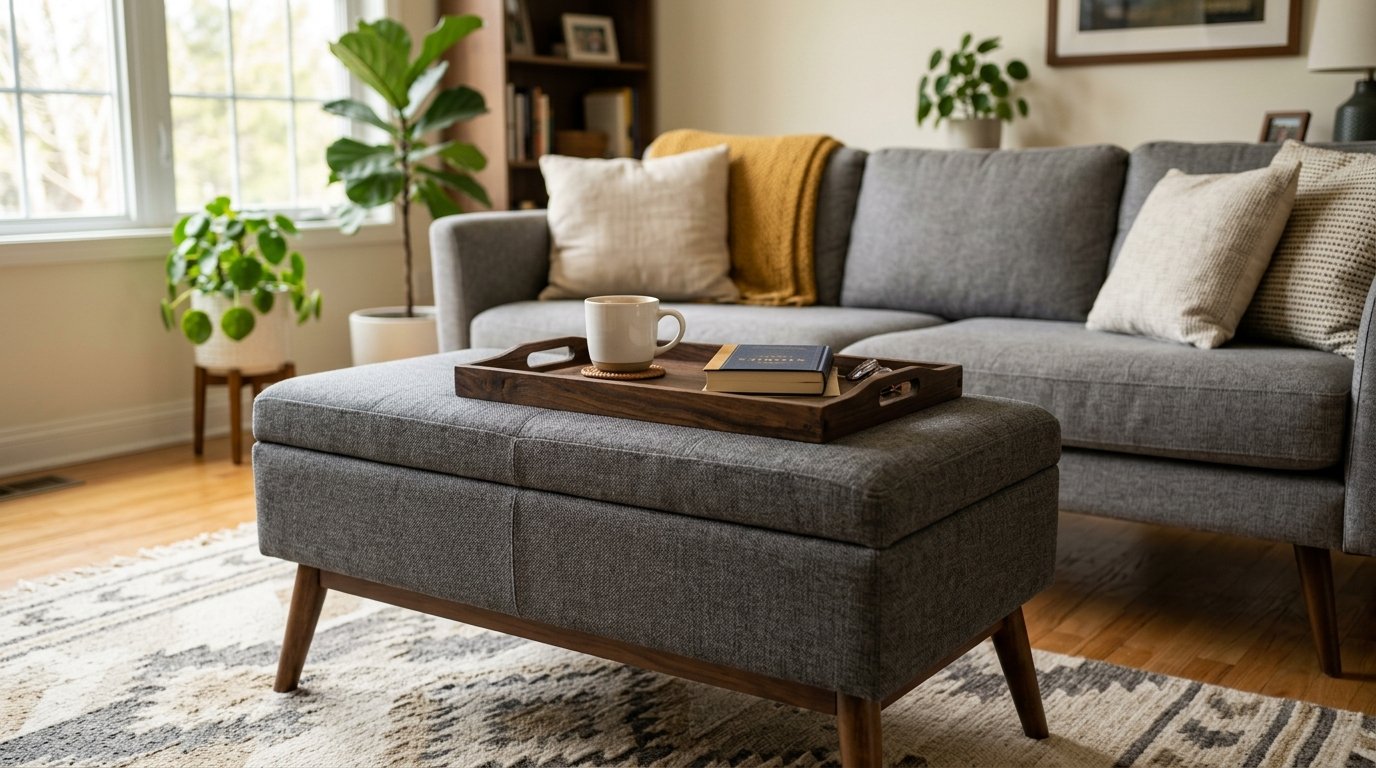 Coffee and a book resting on a dark wood tray on a grey footstool in a bright, modern living room.