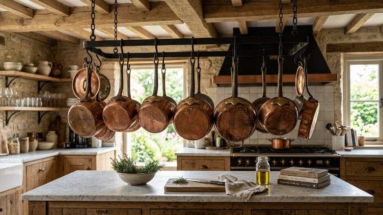 Collection of polished copper saucepans suspended from a black metal rack above a marble kitchen island.