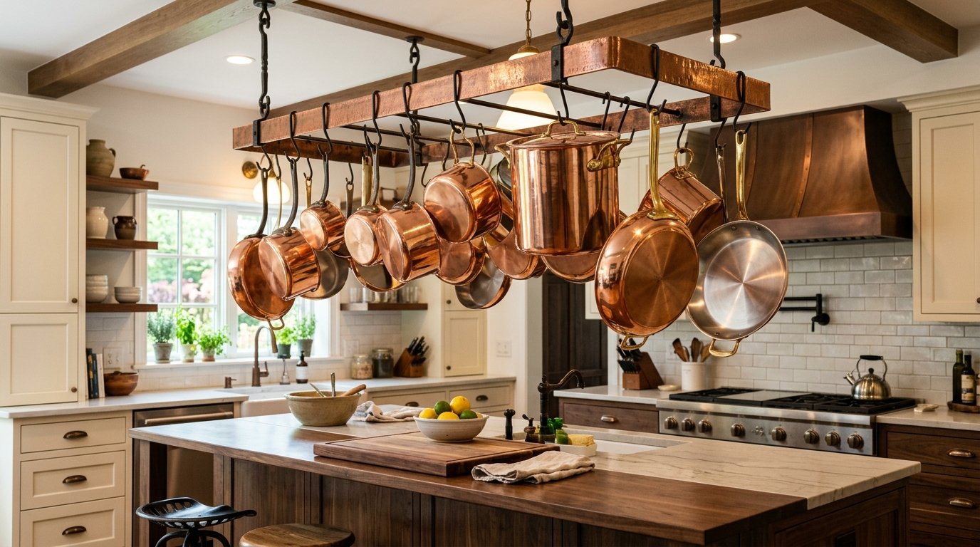 Copper pots and pans hanging from a ceiling rack in a modern kitchen with a wooden center island.
