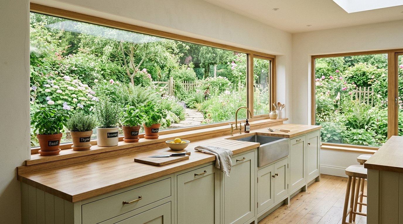 Potted herbs on a wooden kitchen windowsill overlooking a lush backyard garden with a stone path.