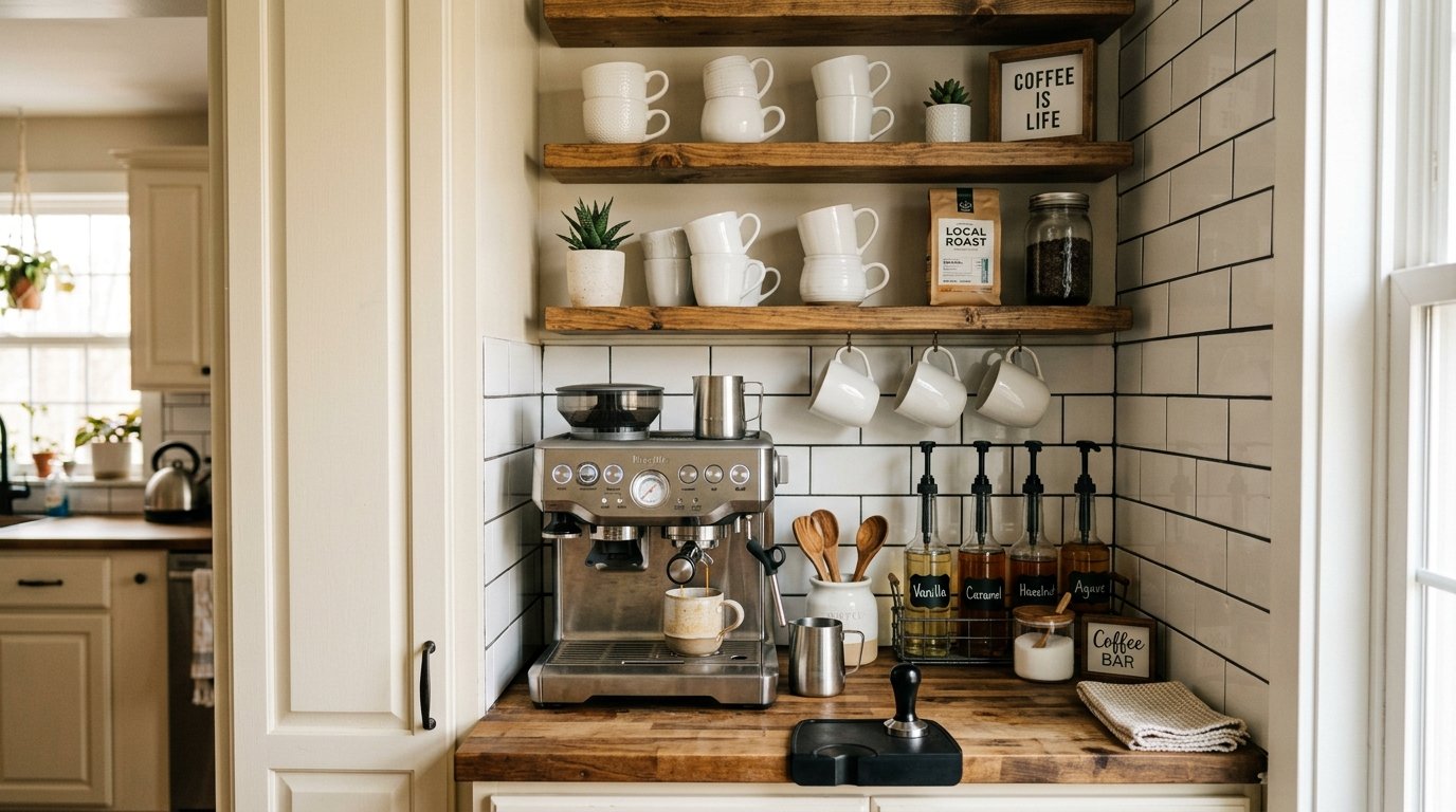 Espresso machine on a wooden counter with white subway tile, syrup bottles, and floating shelves with white mugs.