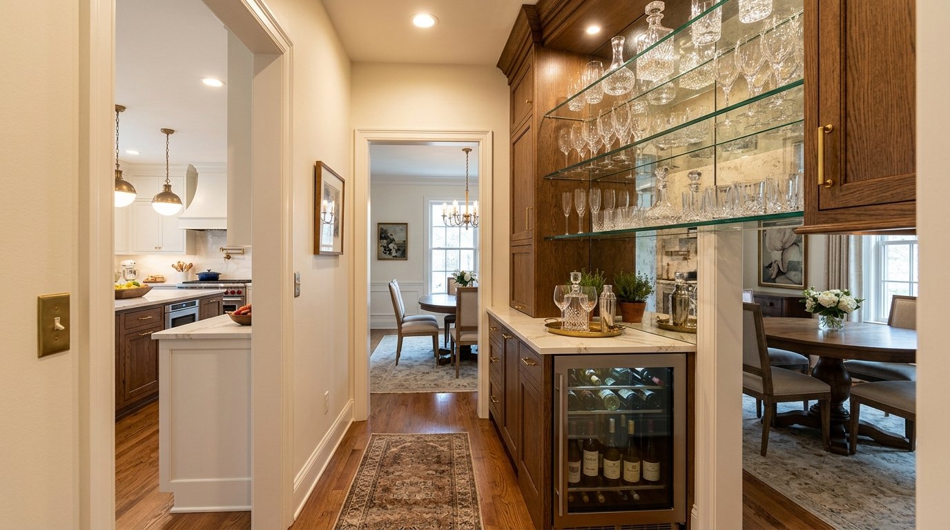 A hallway wet bar featuring dark wood cabinets, a built-in wine fridge, and illuminated crystal glassware.