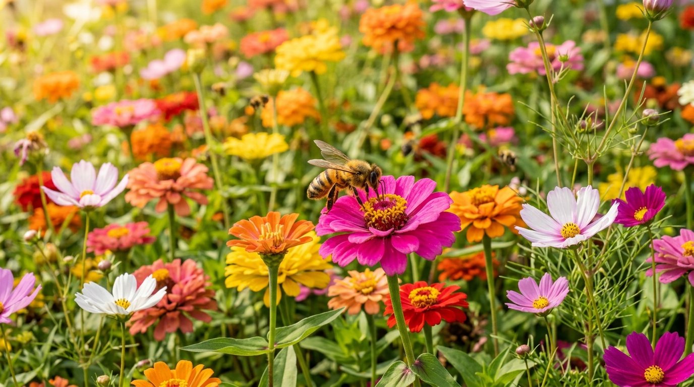 Close up of a bee on a colorful flowerbed filled with blooming zinnias and cosmos.