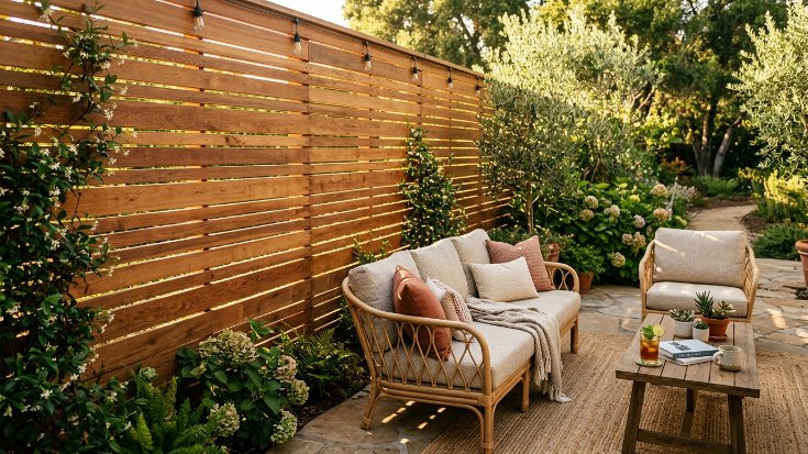 A beige wicker sofa and chair set placed on a rug in front of a modern cedar plank garden screen.