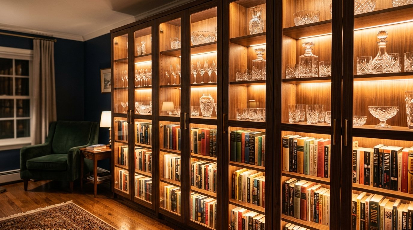 A large dark wood wall unit with glass doors displaying rows of crystal barware and hardcover books illuminated by warm LEDs.
