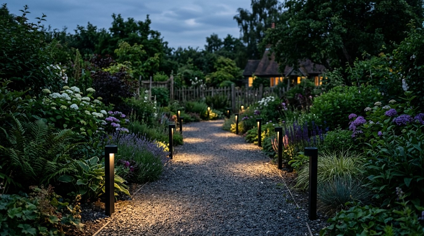 Modern bollard lights lining a pebble walkway through a lush, blooming garden during twilight.