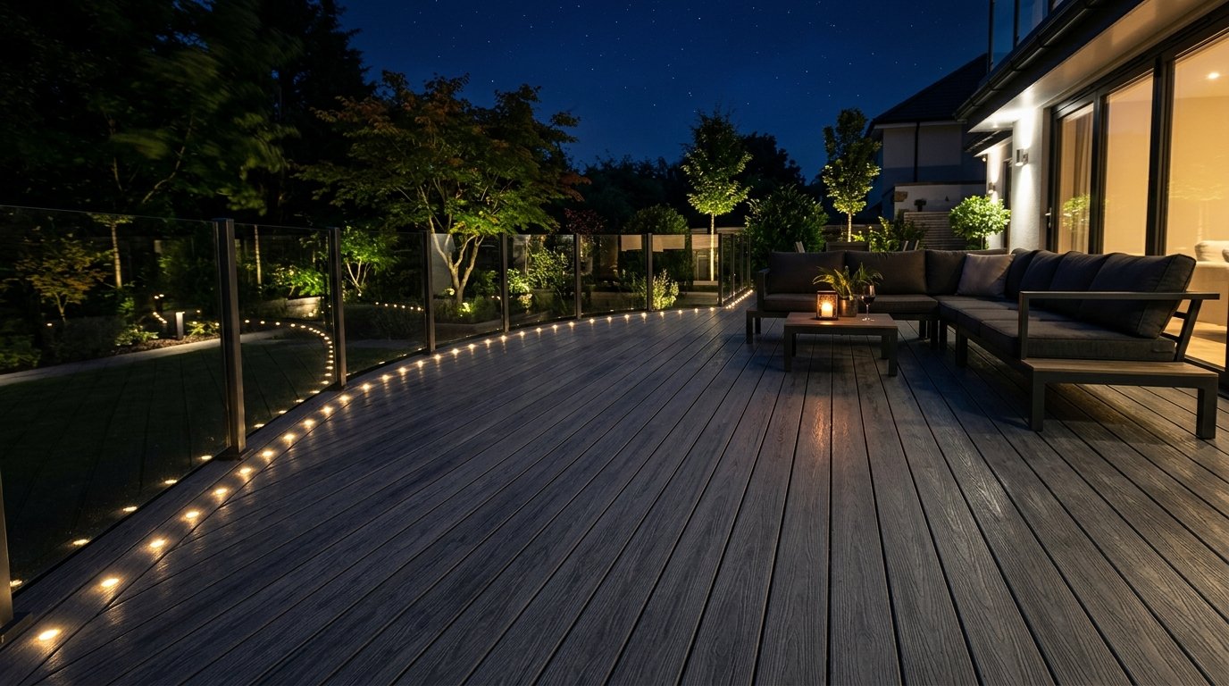 Modern outdoor patio with dark wood flooring, a sectional sofa, and floor-level pathway lighting at night.