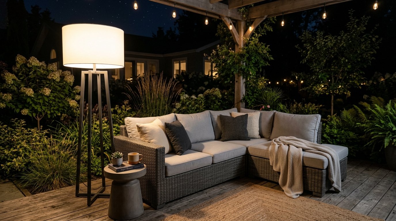 A grey wicker corner sofa on a wooden deck lit by a large standing lamp and overhead bistro lights at night.