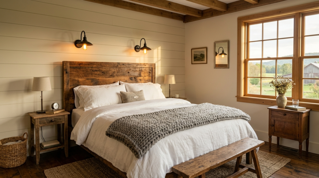 A rustic bedroom with a wooden bed frame, white bedding, grey knit throw blanket, and wall-mounted black sconce lighting.