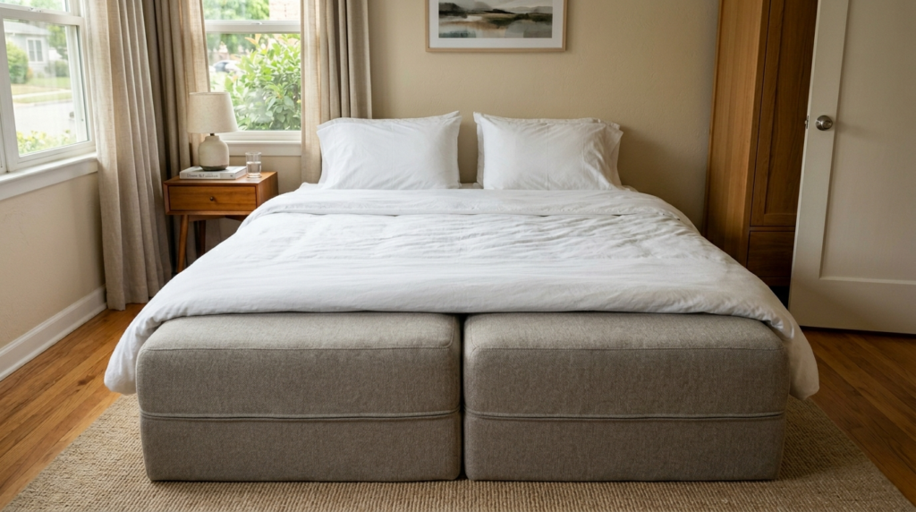A human handprint indentation left in the memory foam cushion of a modern grey sofa.