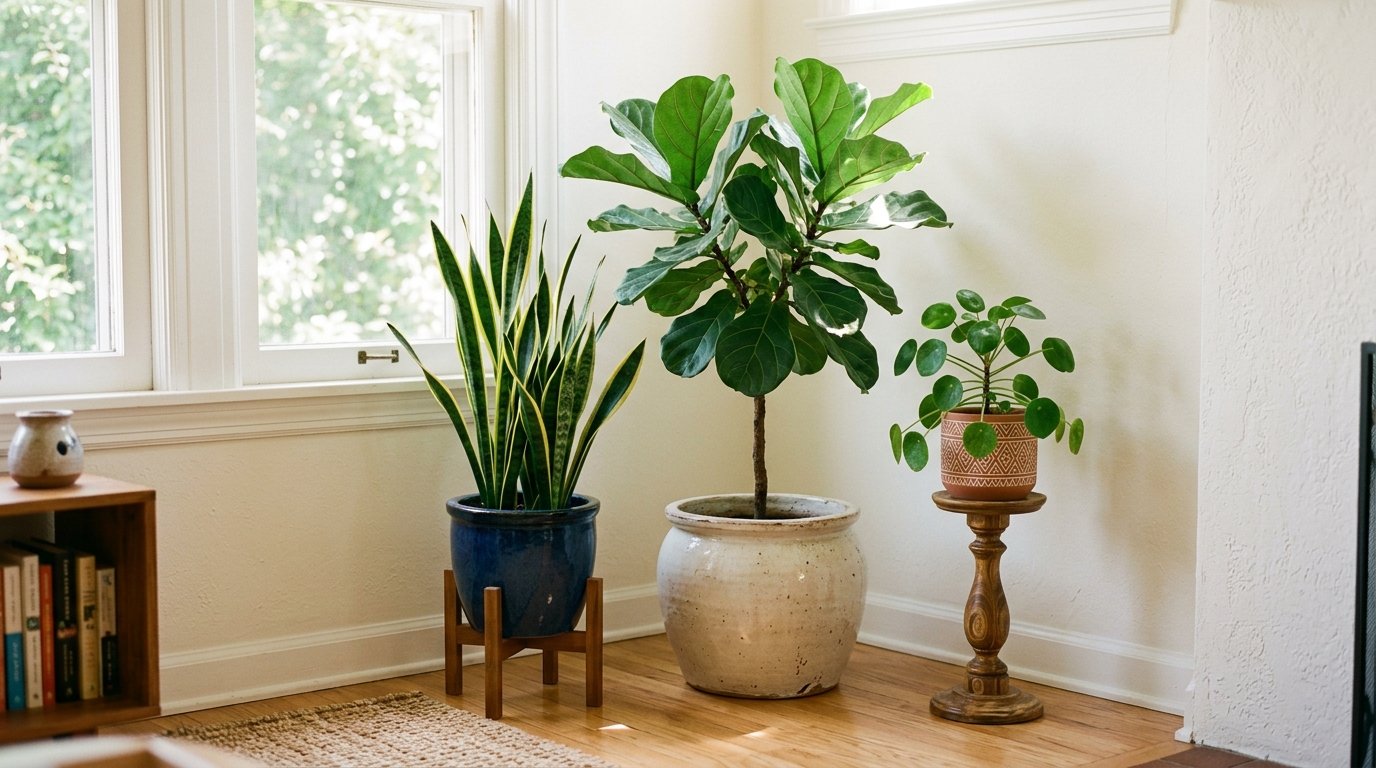 A snake plant, fiddle leaf fig, and pilea plant displayed in ceramic pots on a wooden floor.