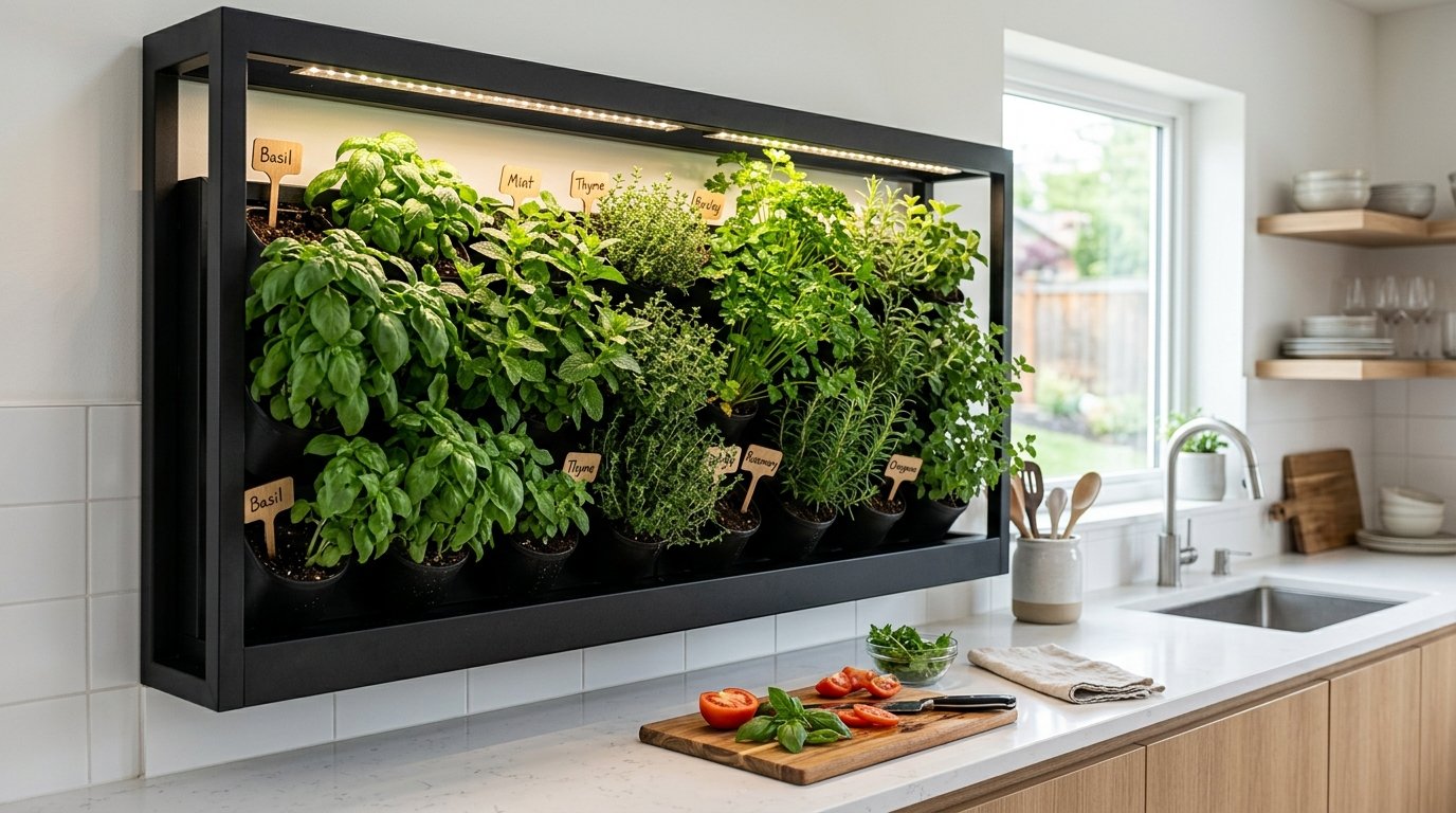 Wall mounted hydroponic herb planter featuring labeled pots of basil, mint, and rosemary above a kitchen counter.