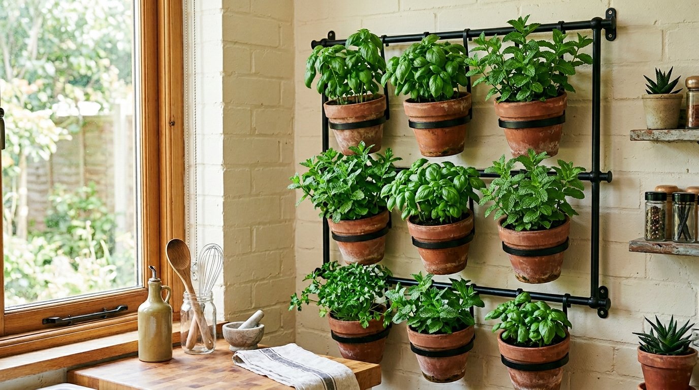 A metal rack holds nine terracotta pots with fresh green herbs against a light colored brick kitchen wall.