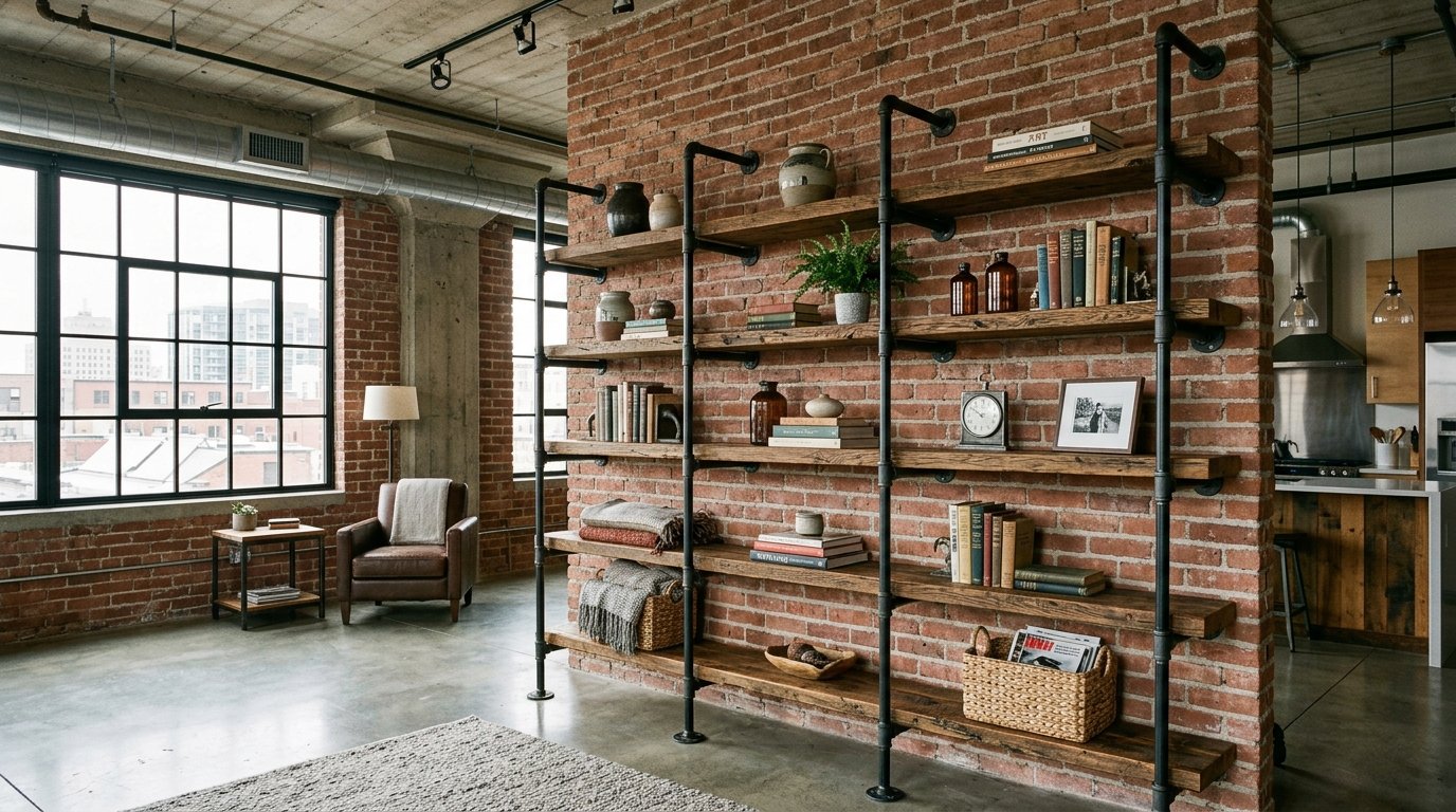 Industrial metal pipe shelving unit displaying books and home decor in a loft apartment.