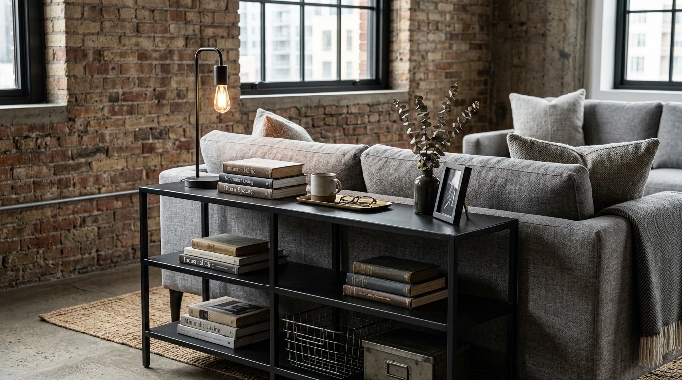 Black metal shelving unit positioned behind a plush couch with stacks of books, a lamp, and decor.