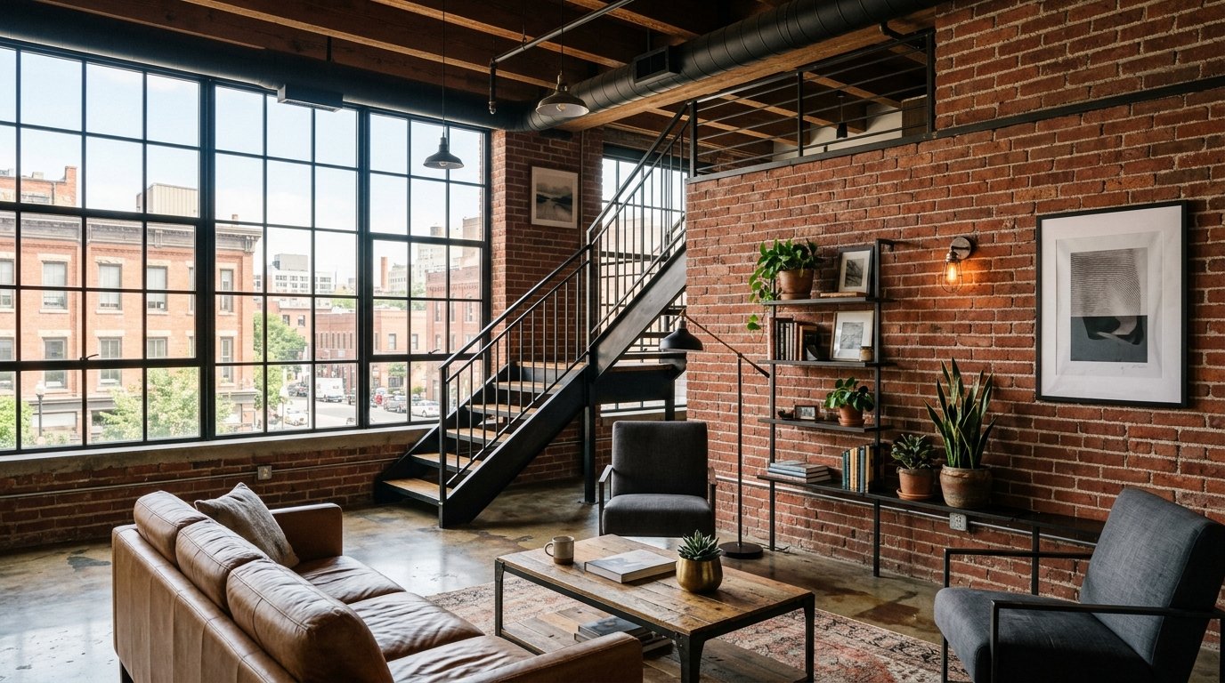 Modern living room featuring a leather sofa, metal staircase, and large grid windows overlooking a city street.