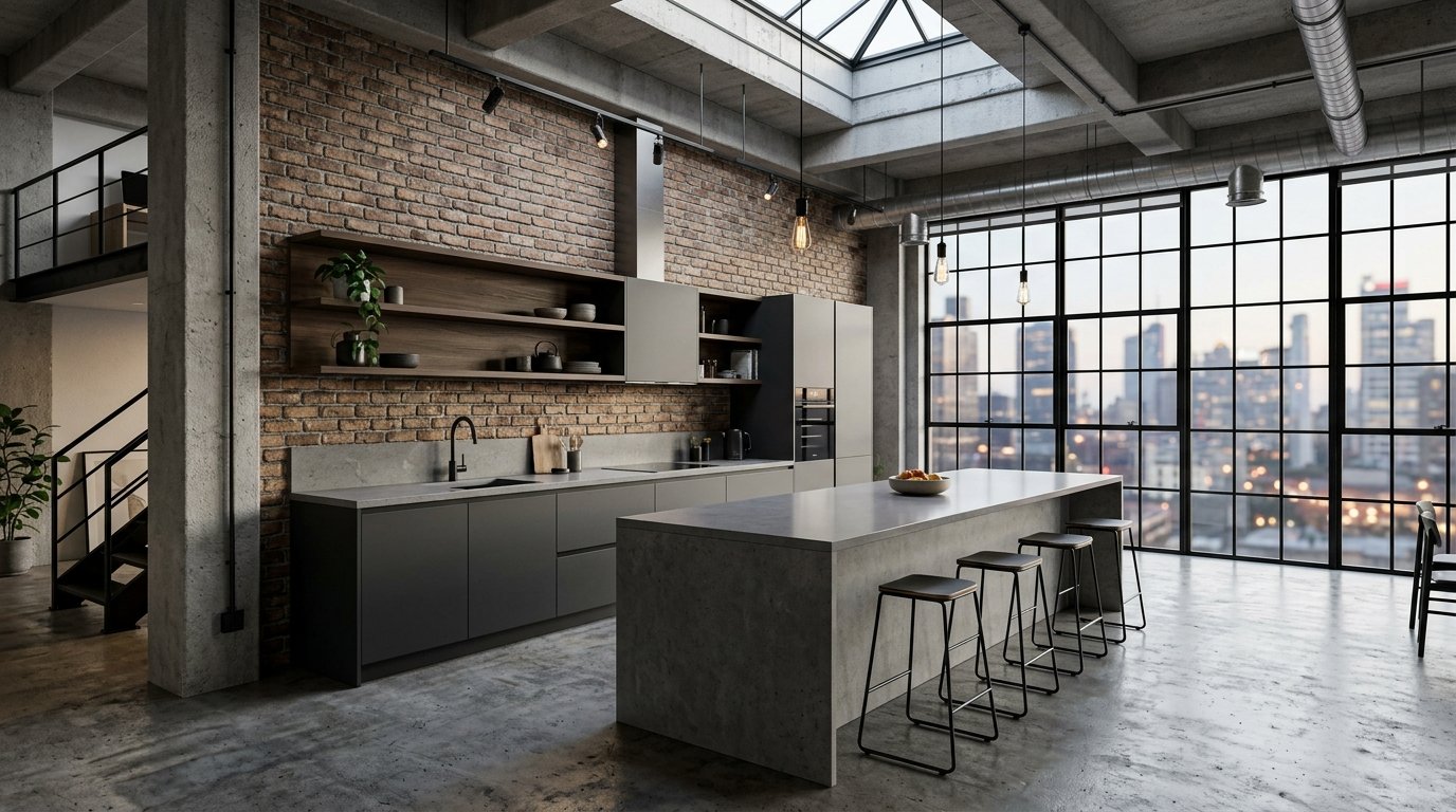 Contemporary kitchen with brick walls, concrete floors, and a large island facing floor-to-ceiling windows.