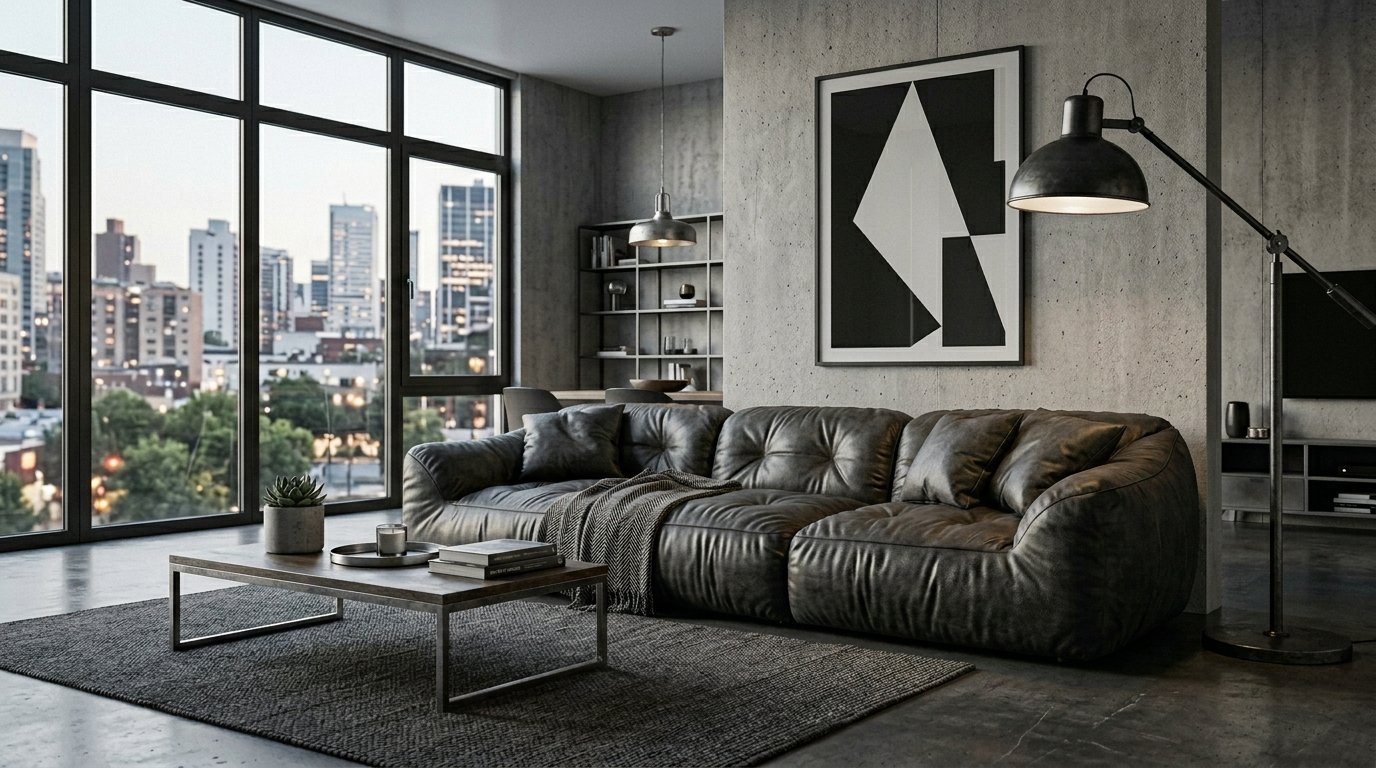 Contemporary living room featuring a tufted black leather couch, abstract wall art, and large floor-to-ceiling windows.