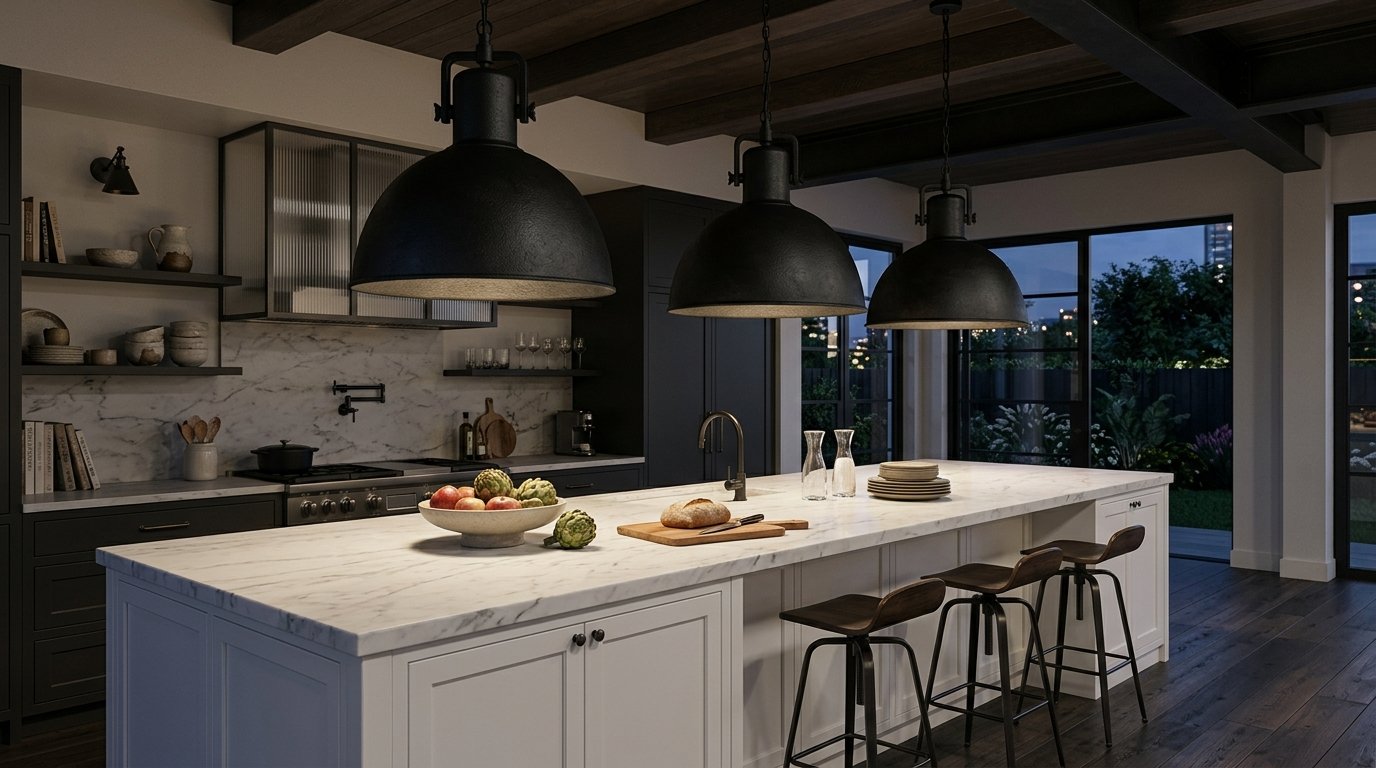 Modern kitchen with white marble countertop, dark stools, and oversized rustic metal ceiling fixtures.
