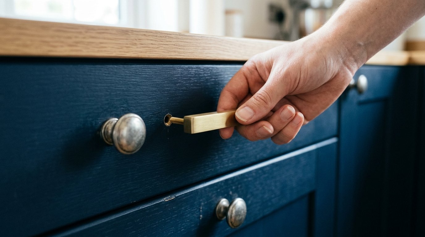 Close-up of a person screwing a gold rectangular cabinet knob into a navy wooden drawer.