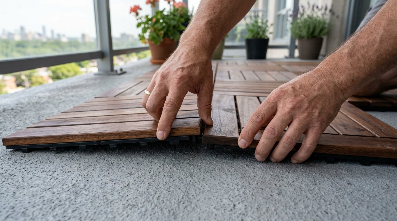 Close-up of a person's hands snapping together brown wooden interlocking floor tiles on a concrete patio floor.