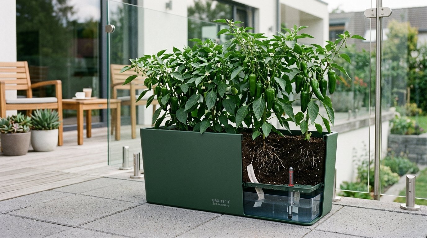 Cross-section of a green container showing the water reservoir and root system of pepper plants.