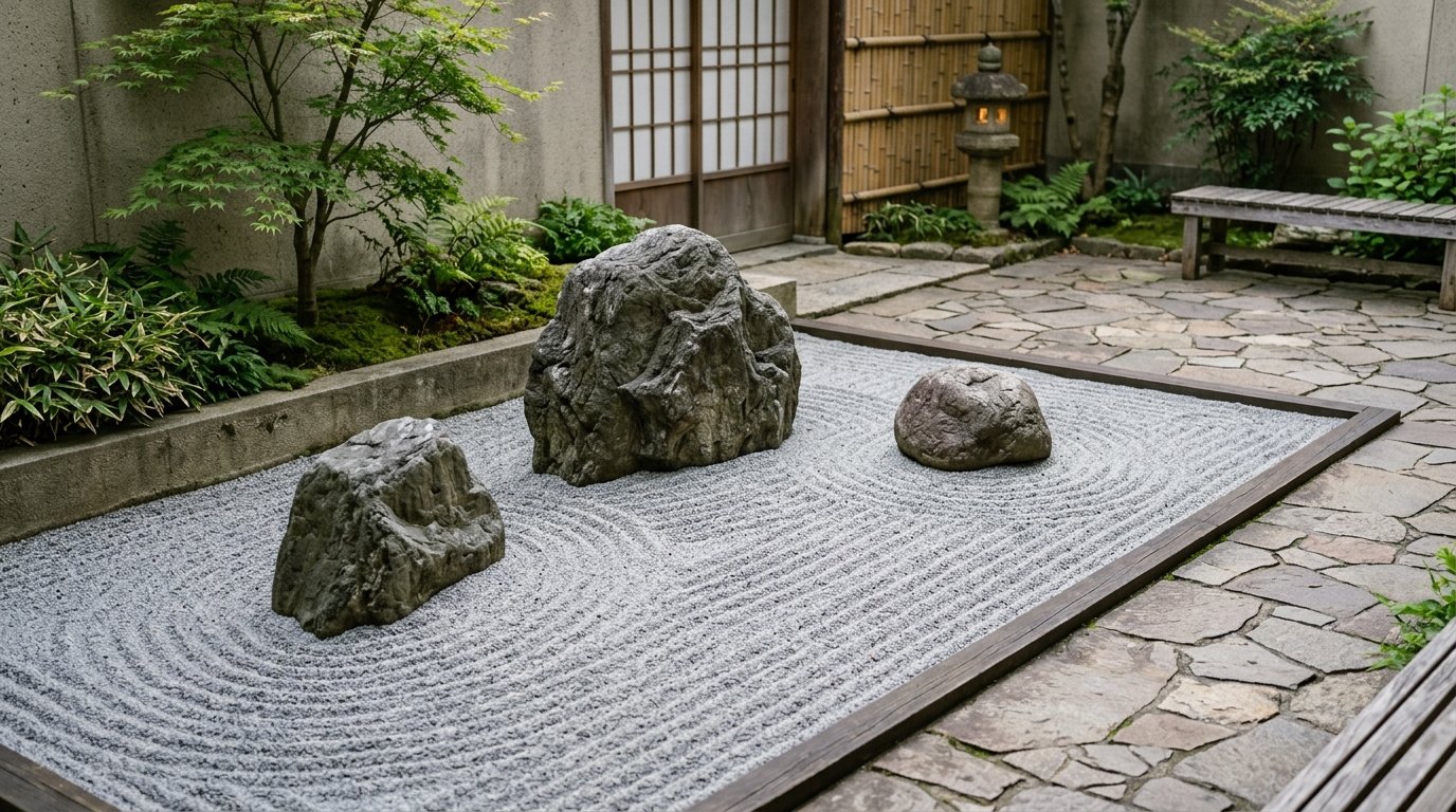 A traditional Japanese rock garden with swirling patterns in grey gravel around three decorative boulders.