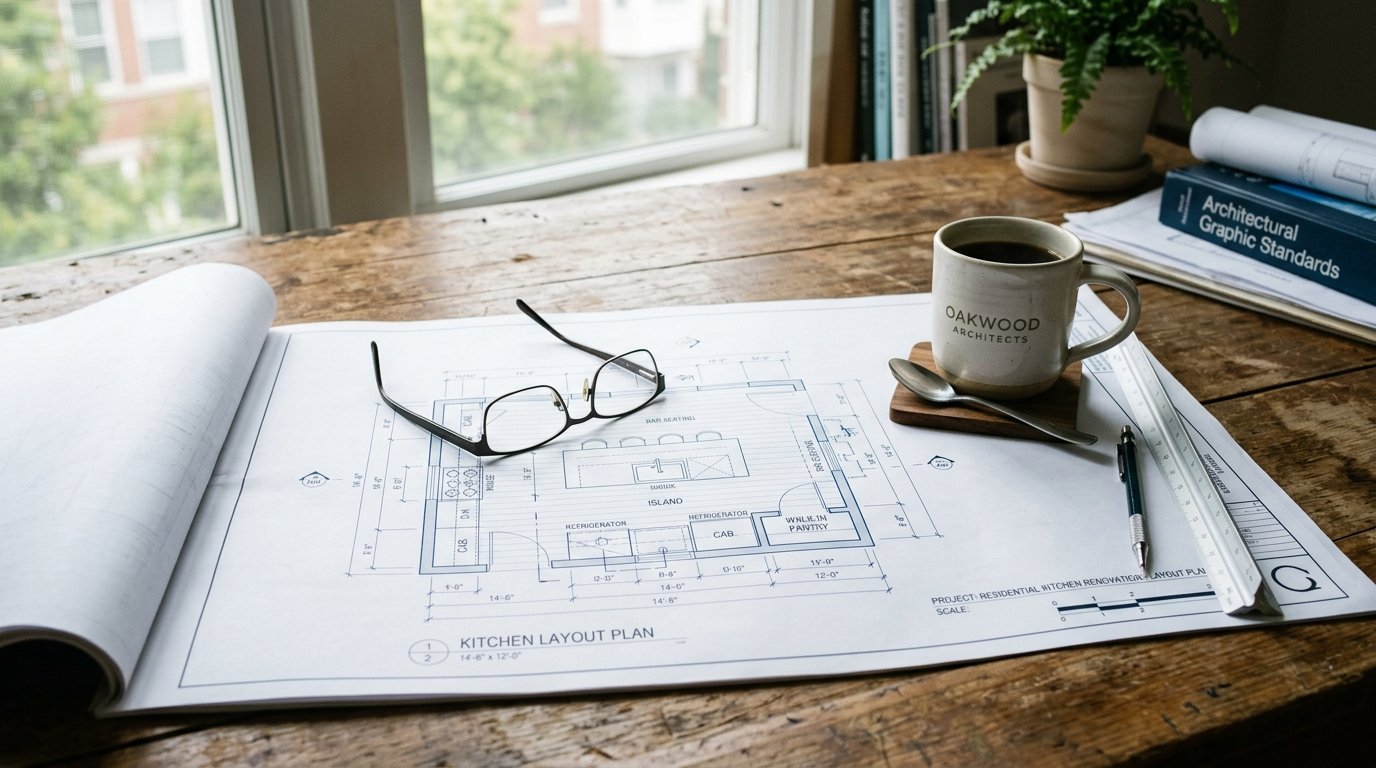 Blueprints for a kitchen layout featuring an island sit on a desk beside a coffee mug, glasses, and a drafting ruler.