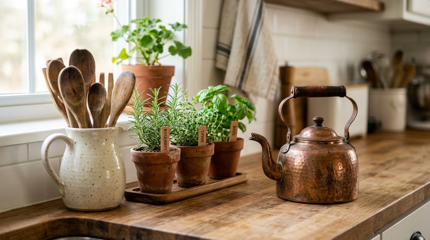 Rosemary, thyme, and basil plants in terra cotta pots next to a hammered copper kettle on a wooden countertop.