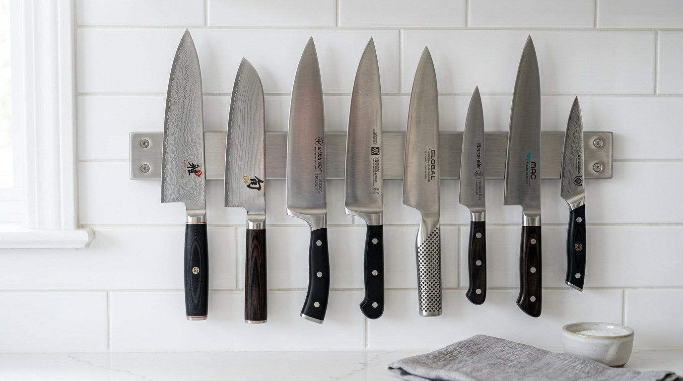 A row of various high-quality kitchen knives attached to a stainless steel magnetic bar mounted on white subway tile.