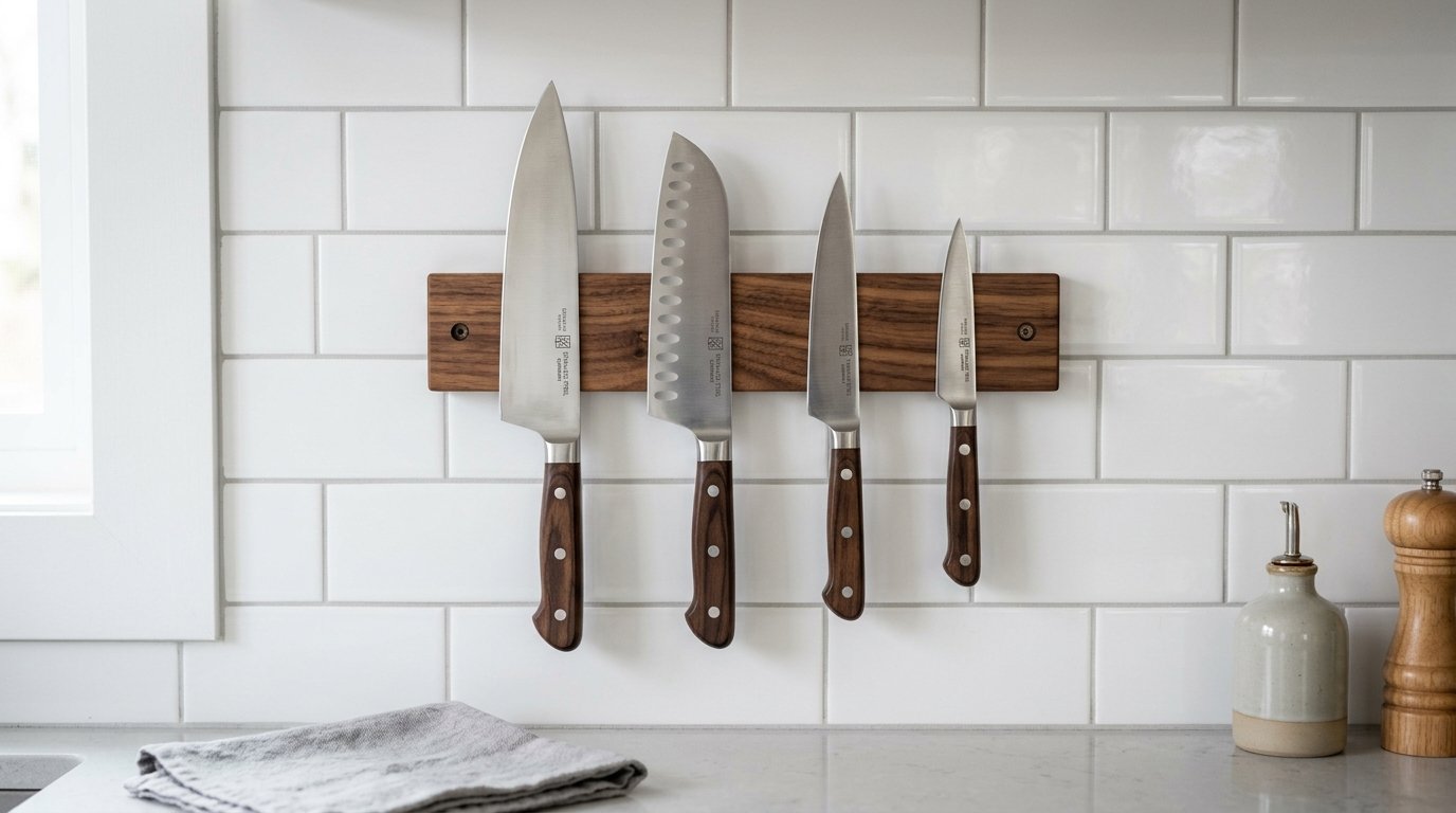 Set of four stainless steel knives with wood handles hanging from a magnetic wall strip against subway tiles.