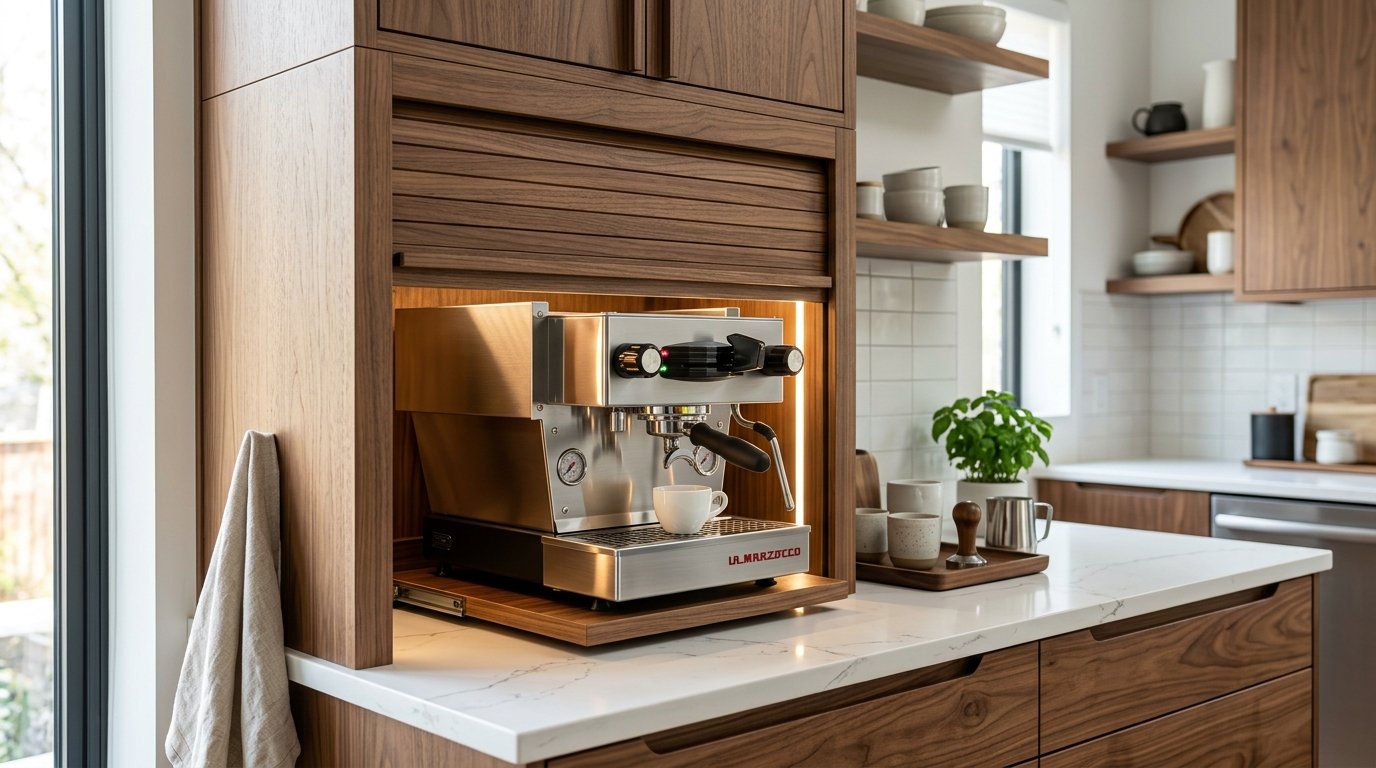 Stainless steel espresso machine on a sliding shelf inside a wood cabinet