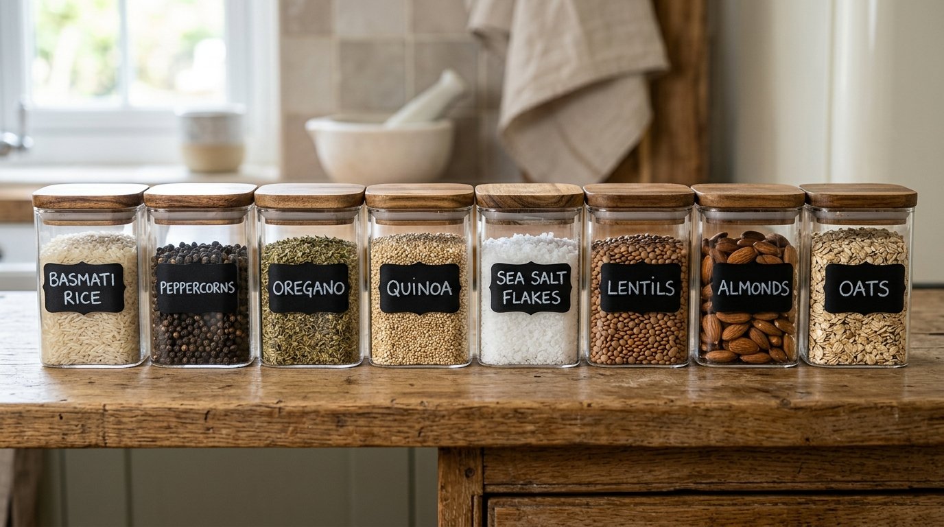 Eight clear glass canisters with wood lids and handwritten labels containing various pantry staples like grains and spices.