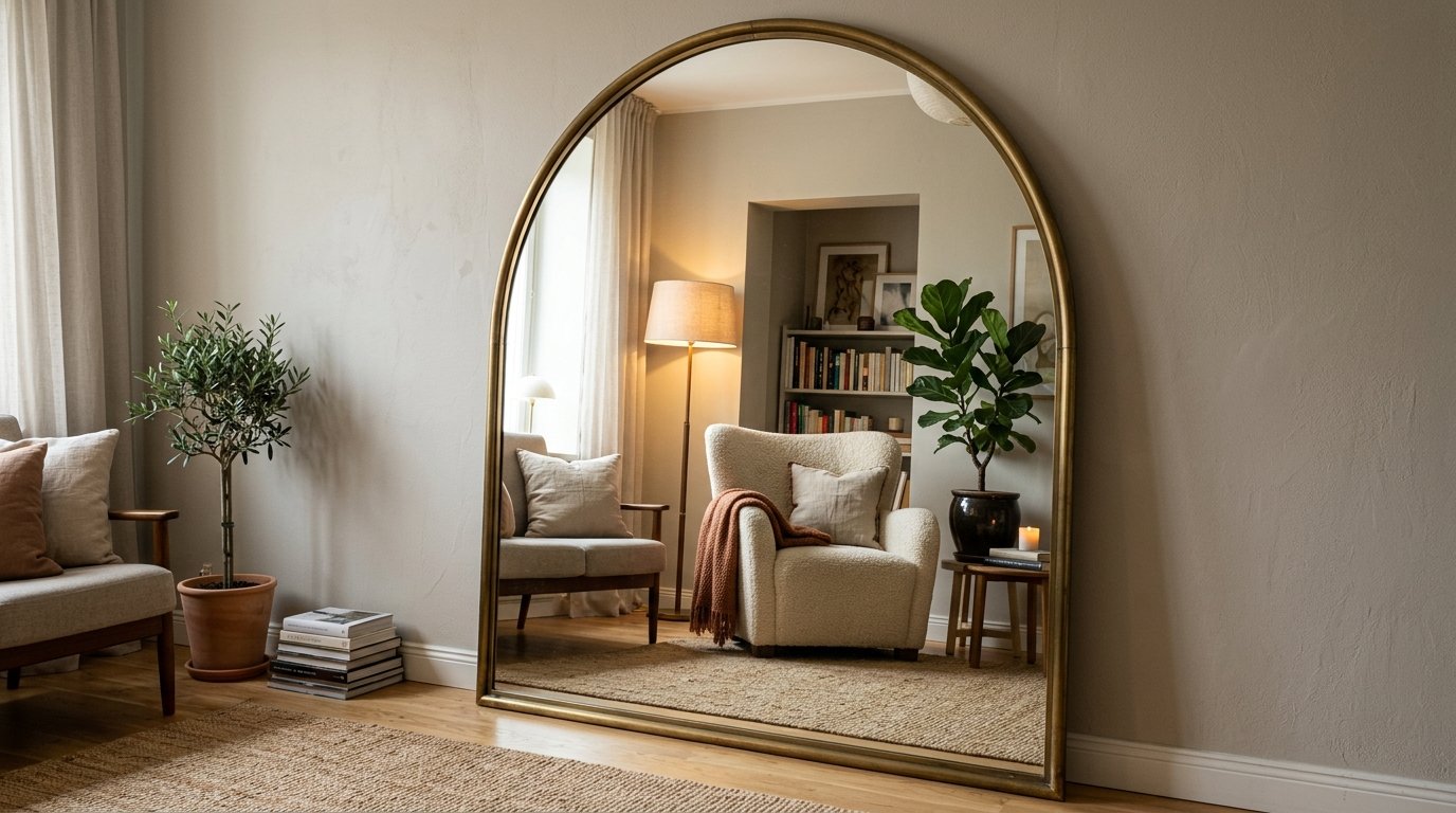 Tall brass-framed arched mirror leaning against a wall showing reflection of a cream armchair, lamp, and bookshelf.